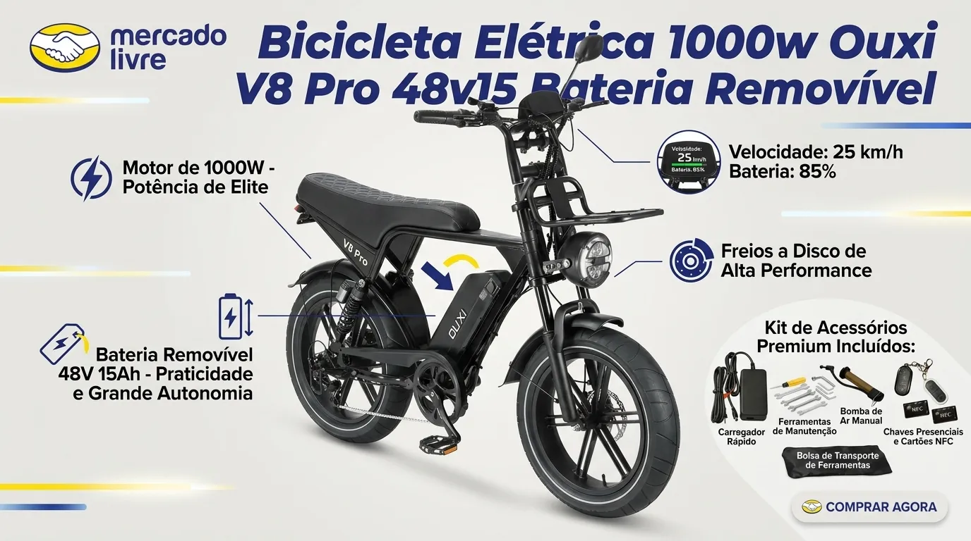 Bicicleta Elétrica Ouxi V8 Pro 1000W 48V Bateria Removível